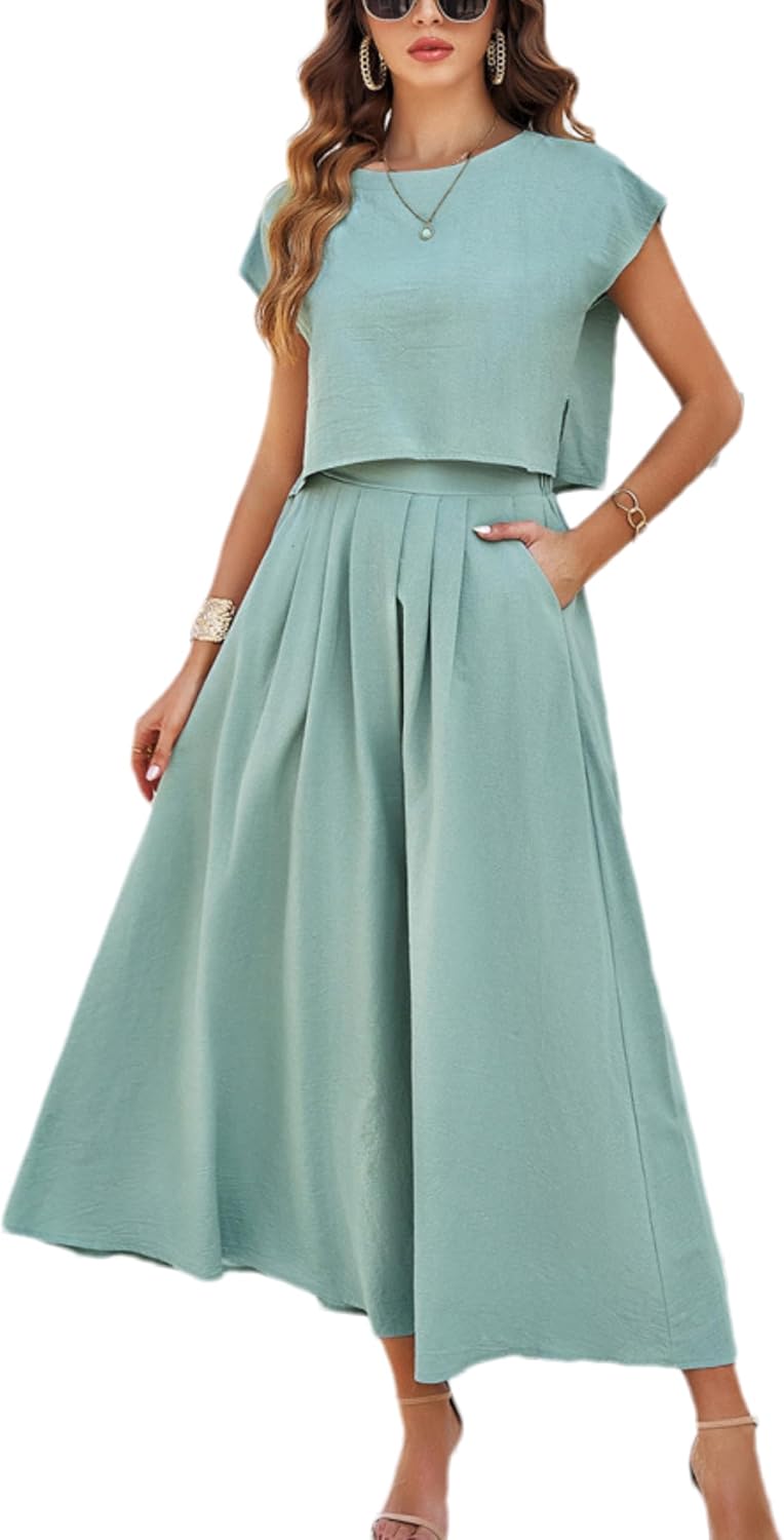 HangNiFang Summer Skirt Sets Women 2 Piece Outfits Maxi Dress Sets Pocketed | Cap Sleeve Side Split Tops, Elastic Waist Maxi Dress, Two Piece Skirt Sets, Two Side Pockets, Flowy Skirt, Cool Fabric