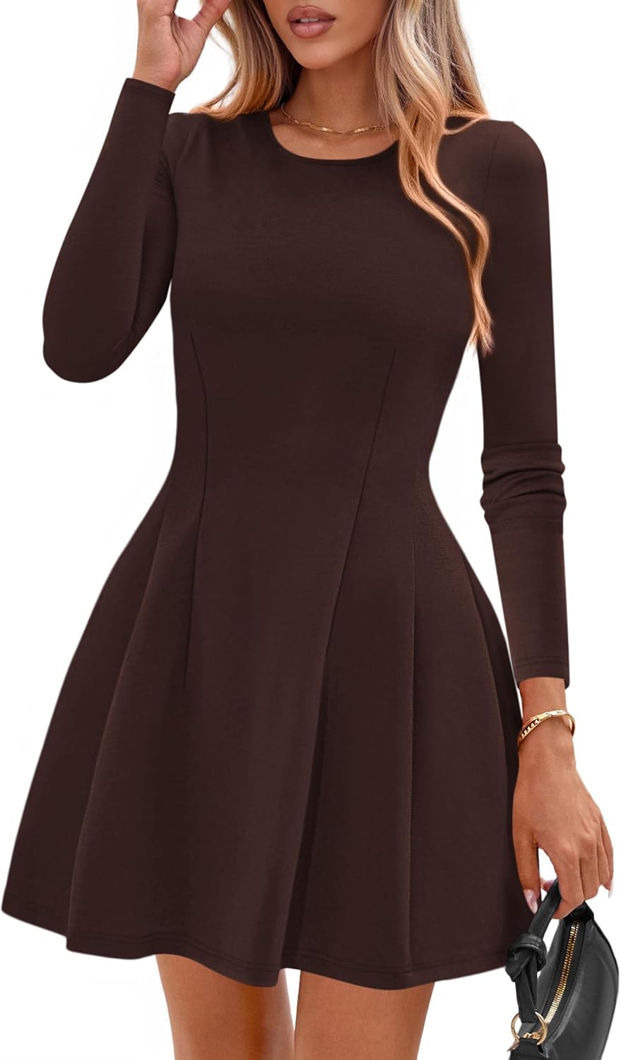PRETTYGARDEN Womens Long Sleeve Pleated Mini Dress | Soft Knit Fabric, A Line Babydoll Fit, Crewneck Short Dresses, Casual Party Date Night Outfits, Fall Winter Trendy Clothes
