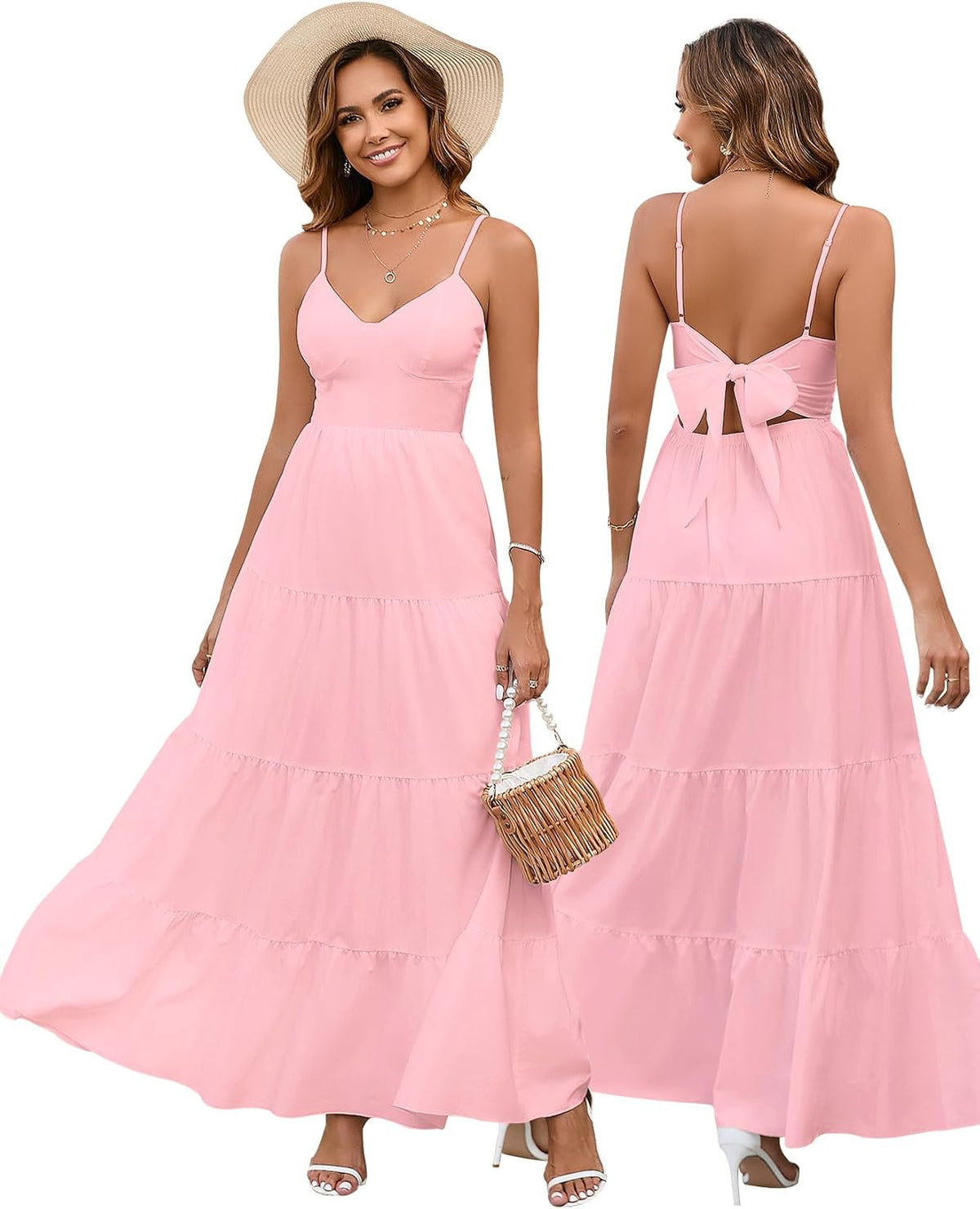 HTZMO Women Summer Floral Maxi Sundress Boho Beach Long Dress | Wedding Guest Bridal baby Shower Vacation Party Dresses 2026, Bow Tie A Line Flowy V Neck Spaghetti Strap