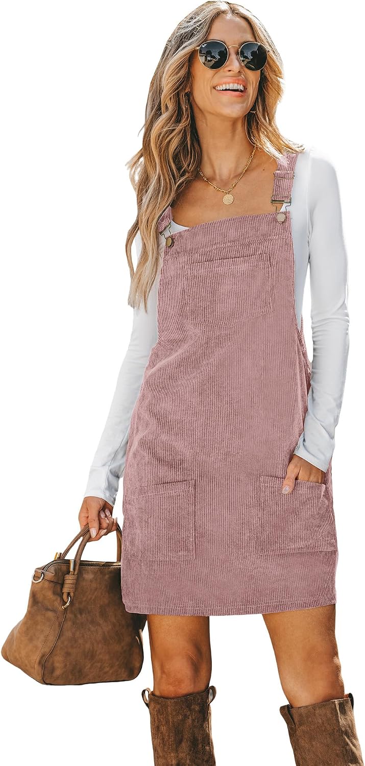 CUPSHE Women Corduroy Square Neck Wide Strap Fall Overall Mini Dress | Velvety Ribbed Texture, Front Bib Pocket, Utility Patch Pouches, High-Looped Buckle Fasteners, Casual Warm Autumn Outfits
