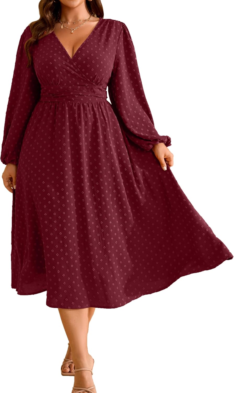 RWJ Women's Plus Size Fall Wedding Guest Dress V Neck Swiss Dot Long Sleeve | Semi Formal, Business Casual, Daily, Cocktail Party, Graduation, Homecoming, Evening, Date, Special Event, Funeral, Festive