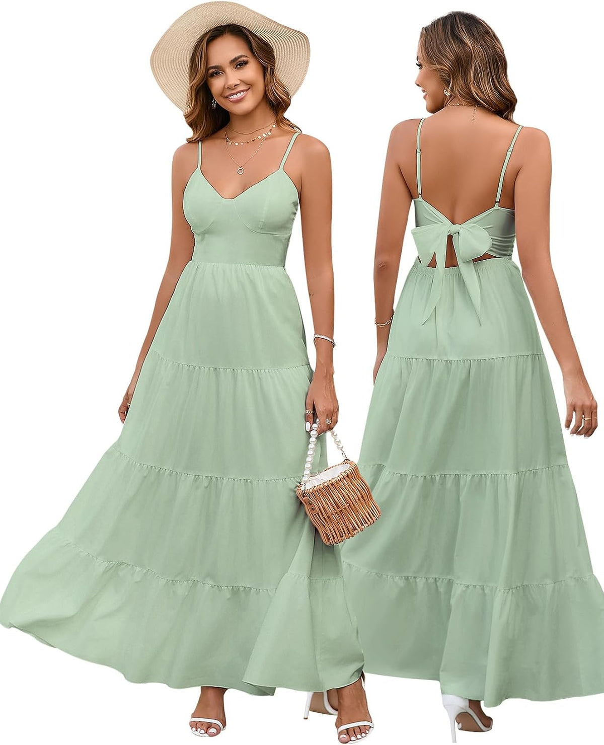HTZMO Women Summer Floral Maxi Sundress Boho Beach Long Dress | Wedding Guest Bridal baby Shower Vacation Party Dresses 2026, Bow Tie A Line Flowy V Neck Spaghetti Strap