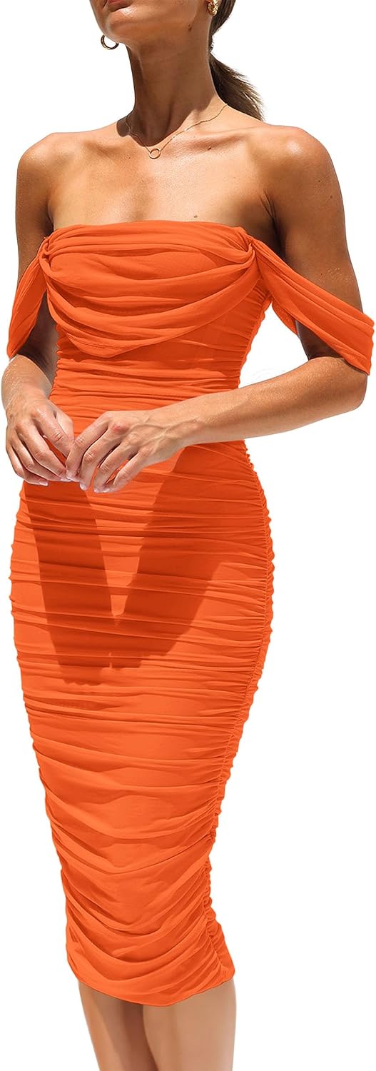 PRETTYGARDEN Women's Off Shoulder Bodycon Tube Midi Dress | Stretchy Ruched Mesh, Draped Sleeves, Elegant Dinner Party Dresses, Spring Summer Outfits for Wedding, Homecoming, Date Night
