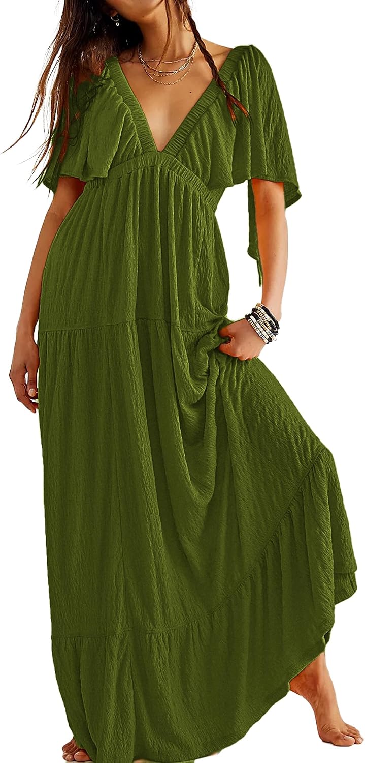 Kikibell Women Summer Dresses Sexy V-Neck Maxi Dress Tiered Silhouette with Flutter Sleeve Backless Elastic Waist Flowy Dress