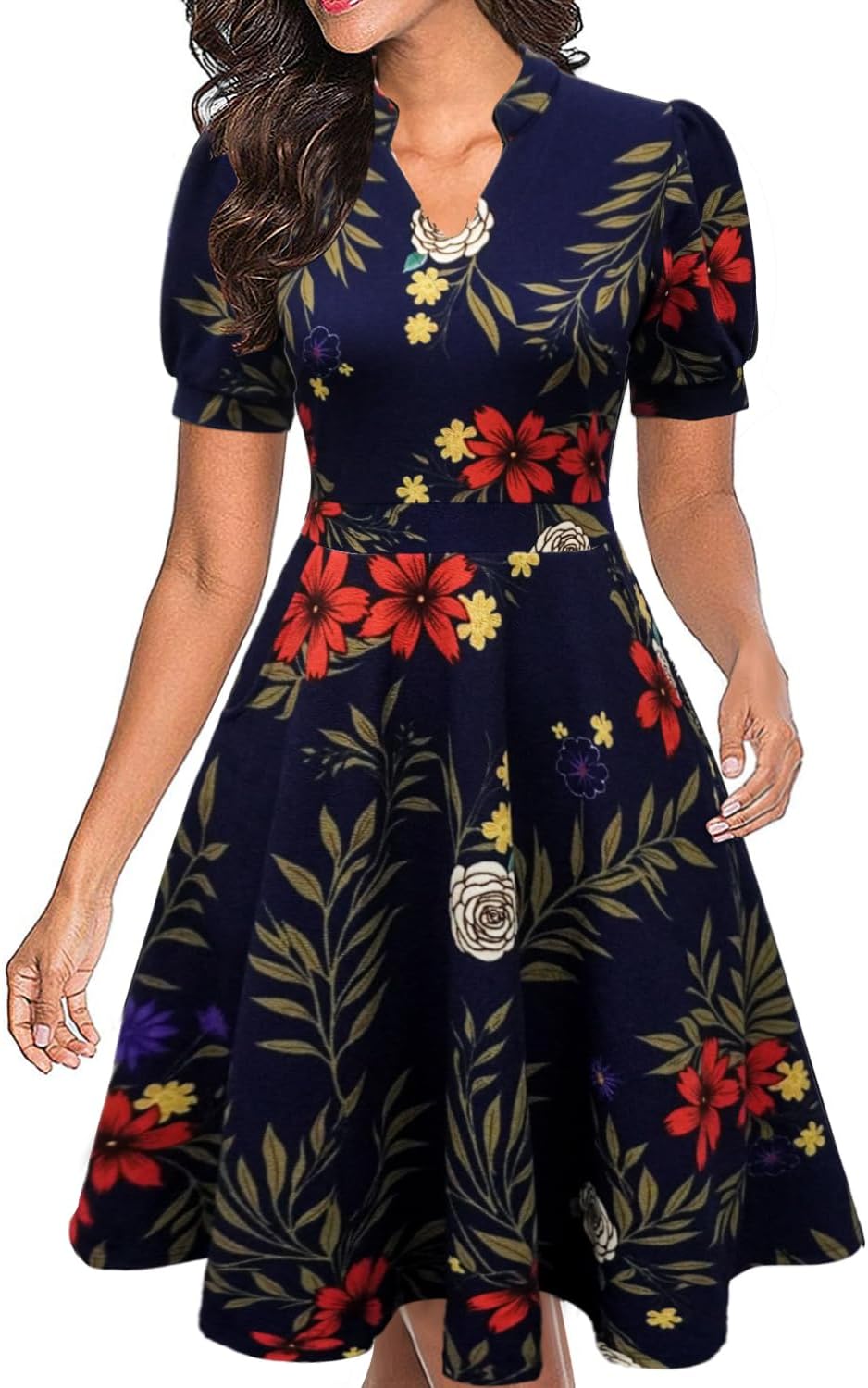 Mokayee Womens Summer Short Puff Sleeve Casual Semi-Formal Fit and Flare Church Wedding Guest Work Dresses with Pockets