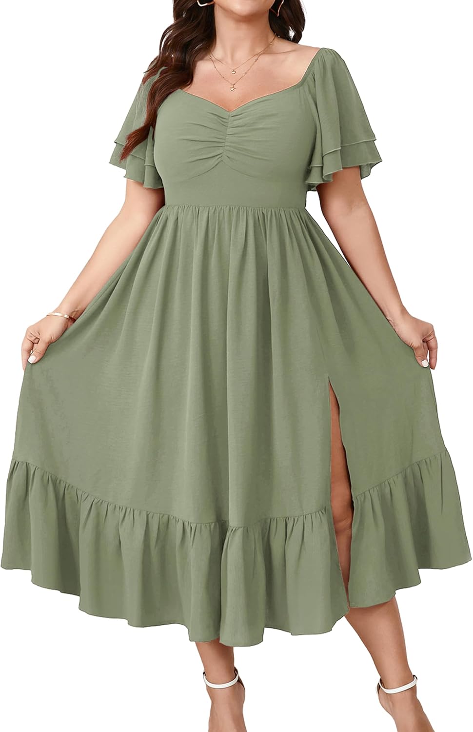 SCOMCHIC Womens Plus Size Wedding Guest Cocktail Dresses | Sweetheart Neckline, Short Sleeve, Smocked, Ruffle Slit, Party, Formal, Summer, Long, Maxi Dress