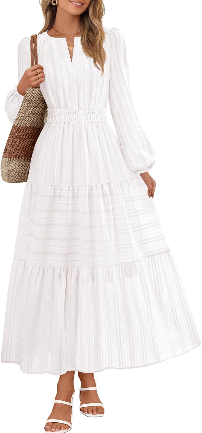 MEROKEETY Womens Fall Puff Long Sleeve Casual V Neck Modest Midi Maxi Dress | 2026, Cotton, with Pockets, Eyelets, Shirred Waist, Tiered, Lined, Winter, Boho, Relaxed Fit, Church, Elegant, Bridal Shower