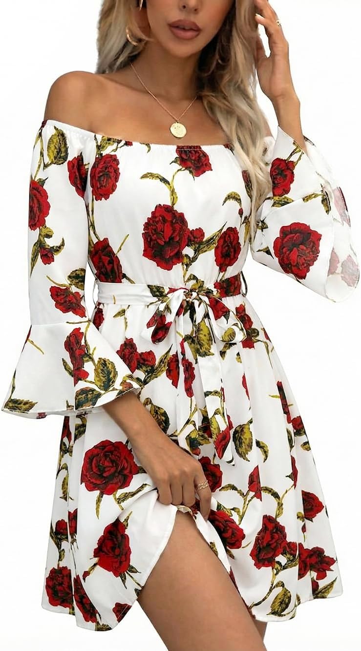 JECEIKA Fall Dress for Women, Off Shoulder Spring Dress for Wedding Guest | Ruffle Long Sleeves Fitted Bust Midi Dress,with Belt,for Mother's Day,Thanksgiving,Wedding Guest,Graduation,Valentine's Day