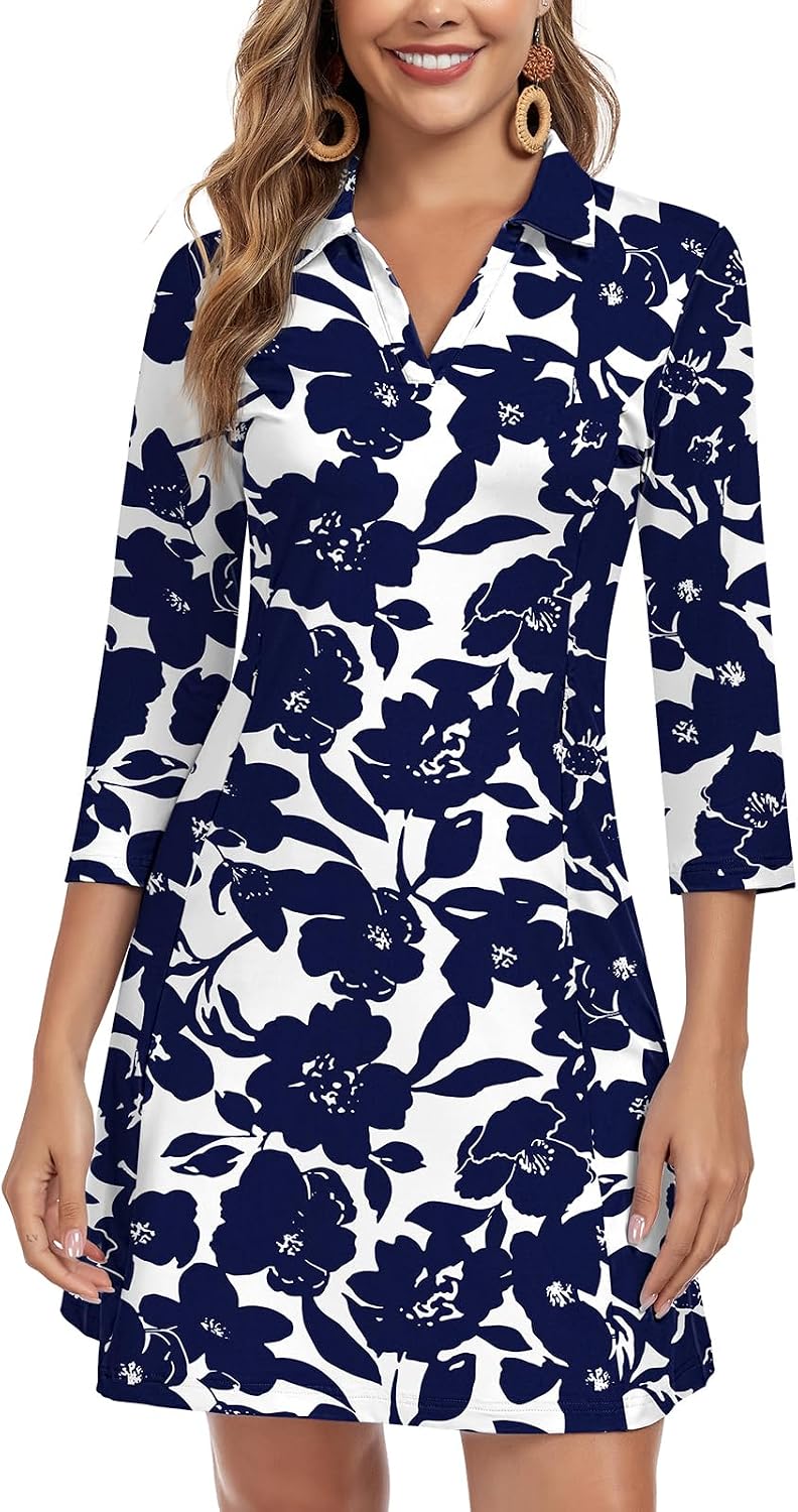 WOWENY 3\/4 Sleeve Dress for Women with Pockets V Neck UPF 50+ Casual Sun Dress Breathable Quick Dry Beach Vacation