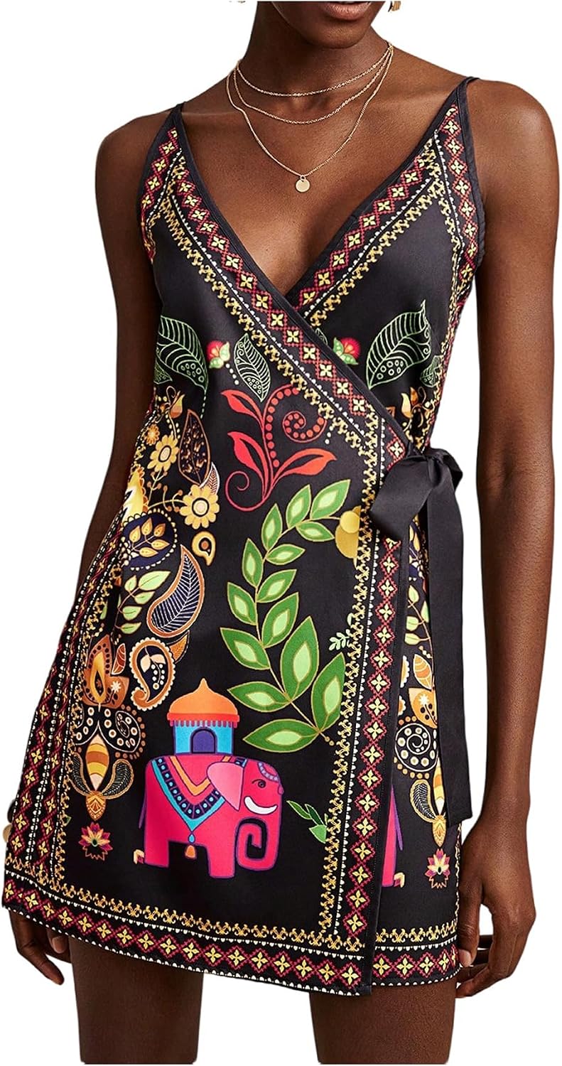 RoseSeek Women's Tropical Print Wrap Dress Sleeveless Vacation Dresses | Short Summer Dresses, Beach Vacation Outfits, Tropical Print Cami Dress, V Neck Dress