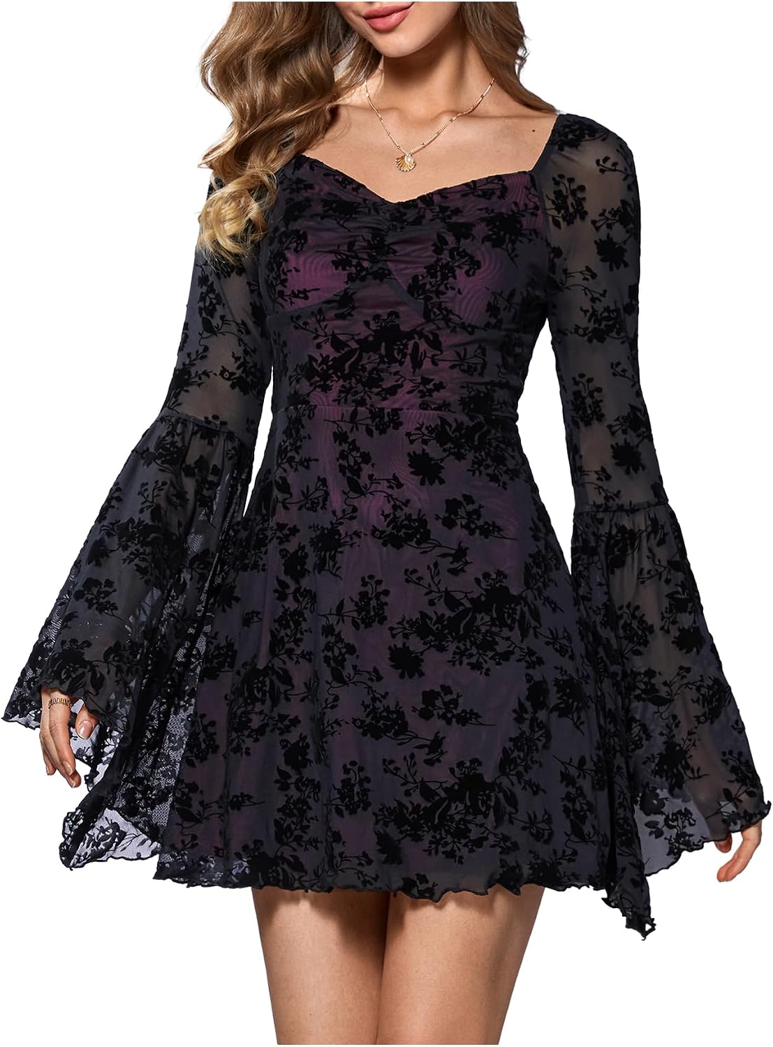 WDIRARA Women's Floral Jacquard Gothic Bell Long Sleeve Dress | Mesh , A Line, Vintage