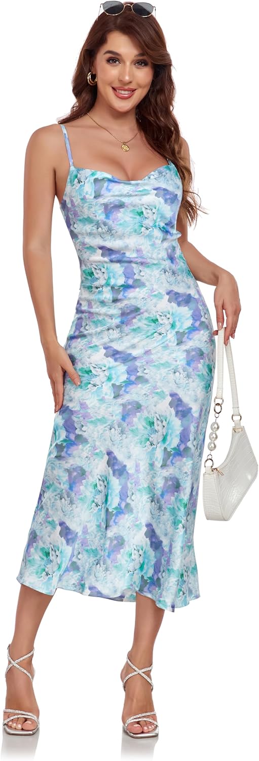 Women's Spaghetti Strap Midi Satin Silk Dresses Slip Cowl Neck Party Cocktail Evening Sexy Dress
