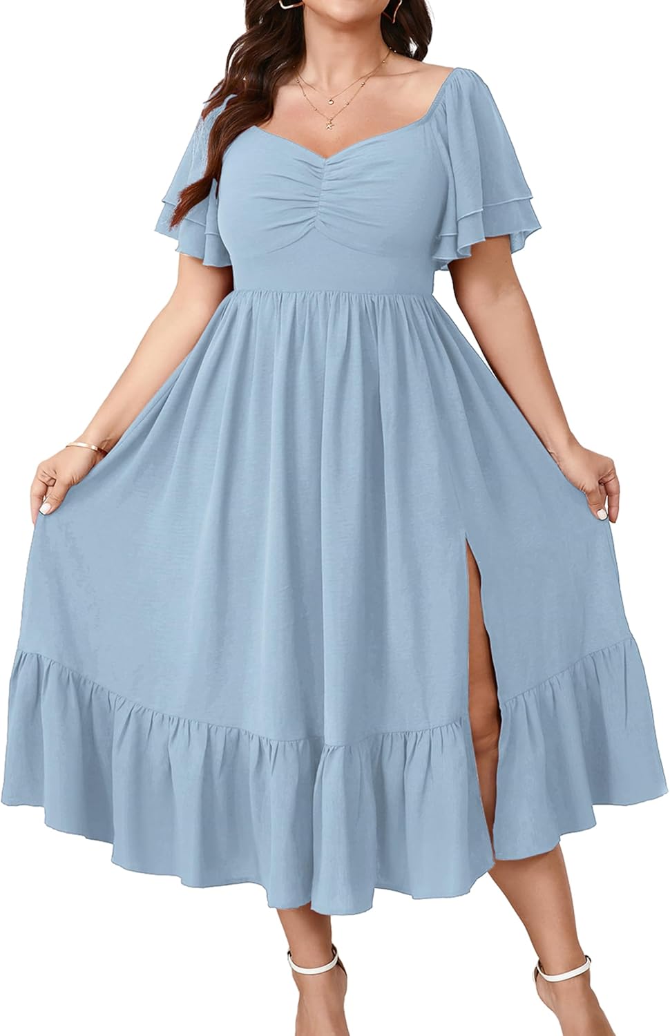 SCOMCHIC Womens Plus Size Wedding Guest Cocktail Dresses | Sweetheart Neckline, Short Sleeve, Smocked, Ruffle Slit, Party, Formal, Summer, Long, Maxi Dress