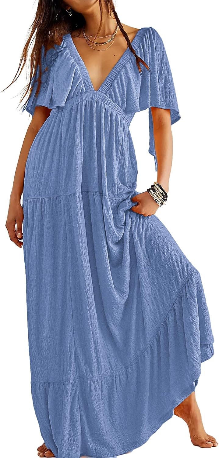 Kikibell Women Summer Dresses Sexy V-Neck Maxi Dress Tiered Silhouette with Flutter Sleeve Backless Elastic Waist Flowy Dress