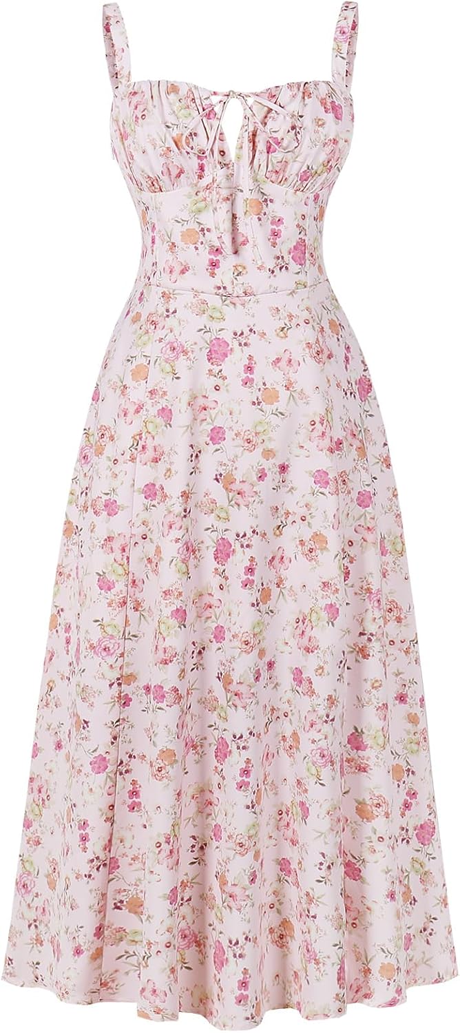 Women's Floral Corset Dress Formal Cocktail Dresses Going Out Casual Sundress Split Thigh Spaghetti Strap Vintage Dress