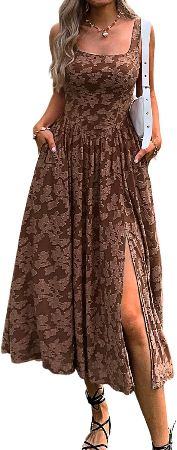 Mieazom Women's Floral Boho Flowy Slit Maxi Dress with Pockets | Square Neck,Drop Waist,Summer Beach Vacation,Cute Jacquard,Swing Long Sundress,A Line,Wedding Guest,Evening Dinner Party