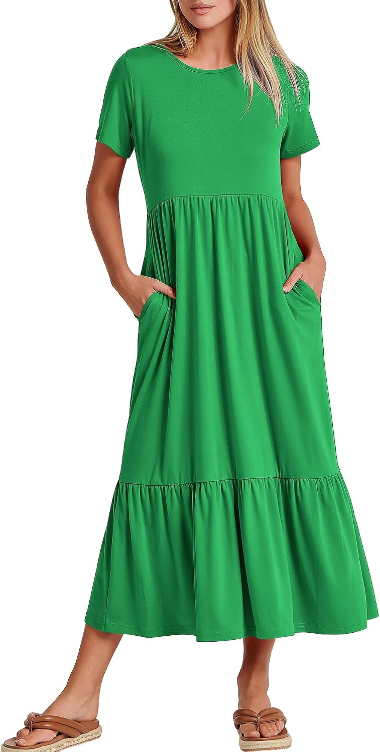 ANRABESS Womens 2026 Summer Casual Short Sleeve Maxi Dress with Pockets | A-Line Tiered Flowy Crewneck T Shirt Dresses，Comfy Modest Long Dress，Beach Travel Vacation Sundress，Work Teacher Outfits