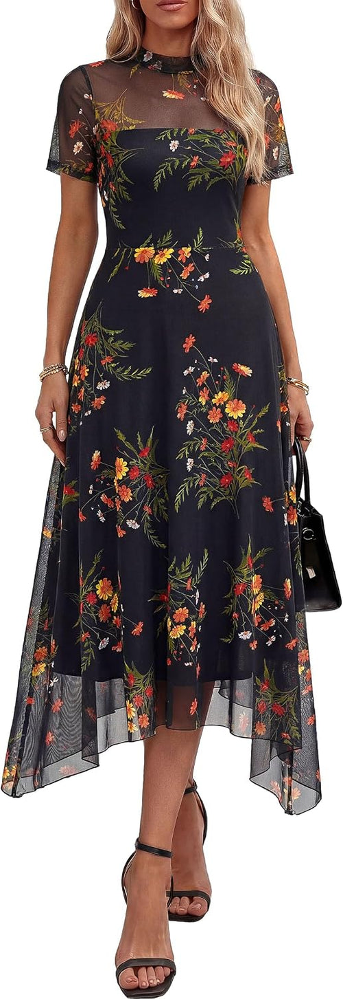 Floral Mock-Neck Short-Sleeve A-Line Midi Dress in Floral Black Yellow