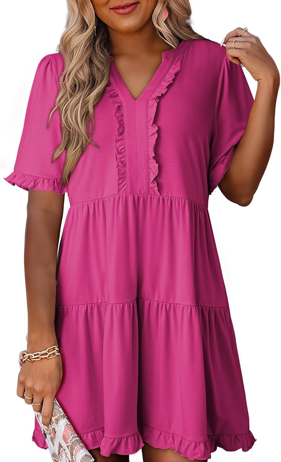 Dokotoo Womens A Line Babydoll Casual Summer Dresses with Pockets | Short Sleeve, V Neck, Hide Tummy, Cute Flowy Western Dress, Mini Short Casual Dress for Graduation Party Date Night Teacher