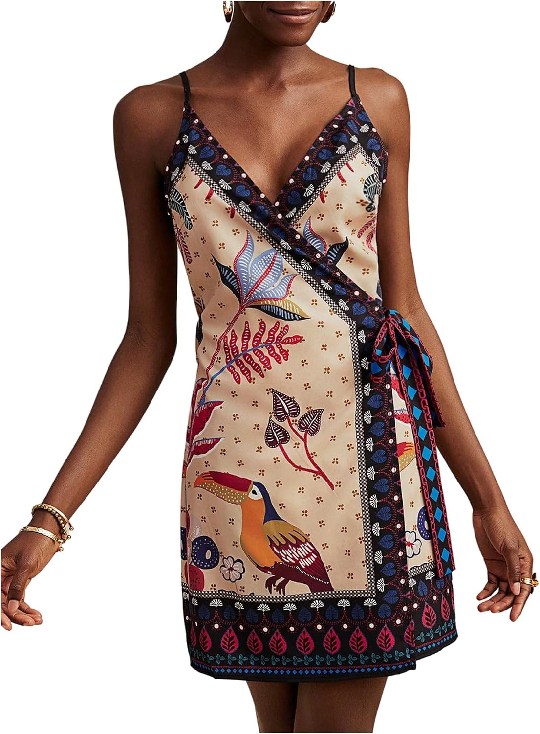 RoseSeek Women's Tropical Print Wrap Dress Sleeveless Vacation Dresses | Short Summer Dresses, Beach Vacation Outfits, Tropical Print Cami Dress, V Neck Dress