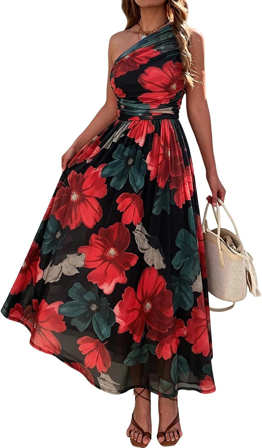Evzeiem Women One Shoulder Floral Wedding Guest Maxi Dresses | Spring Summer Boho Beach Vacation Resort Dress,Flowy Party Garden Cruise Outfit Sundress, Ruched Mesh Night Out Formal Dress