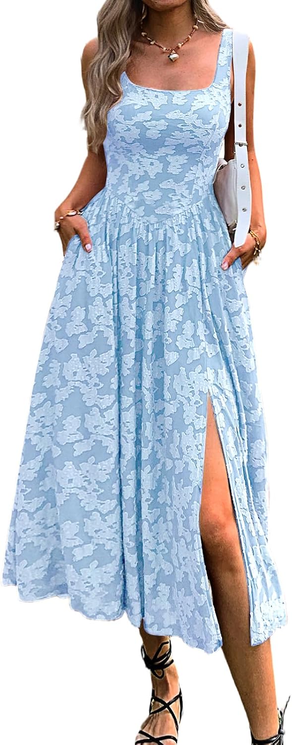 Mieazom Women's Floral Boho Flowy Slit Maxi Dress with Pockets | Square Neck,Drop Waist,Summer Beach Vacation,Cute Jacquard,Swing Long Sundress,A Line,Wedding Guest,Evening Dinner Party