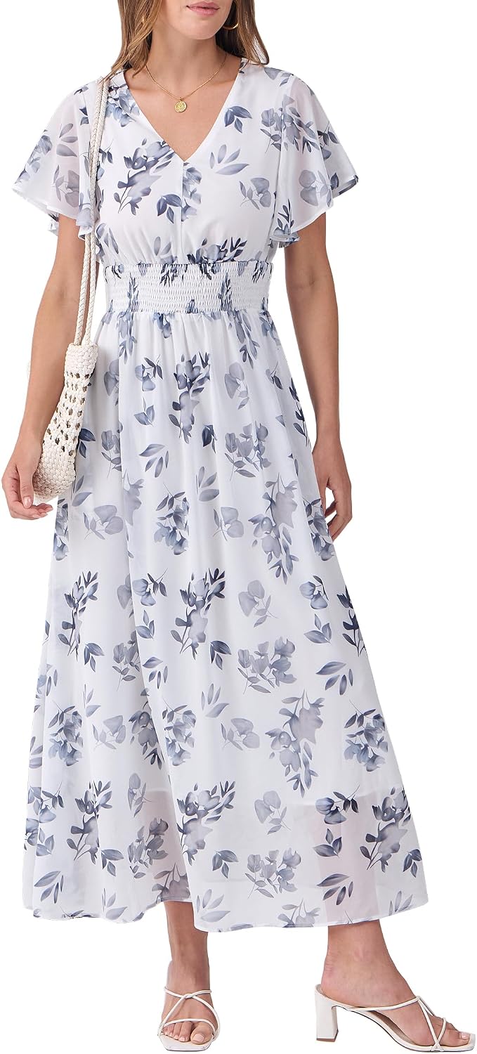 ANRABESS Womens Summer Floral Maxi Dress Casual V Neck Short Sleeve Chiffon Boho Flowy Beach 2026 Wedding Guest Long Dresses