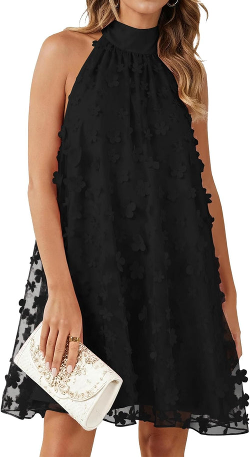 Floral Halter A-Line Mini Dress in Black