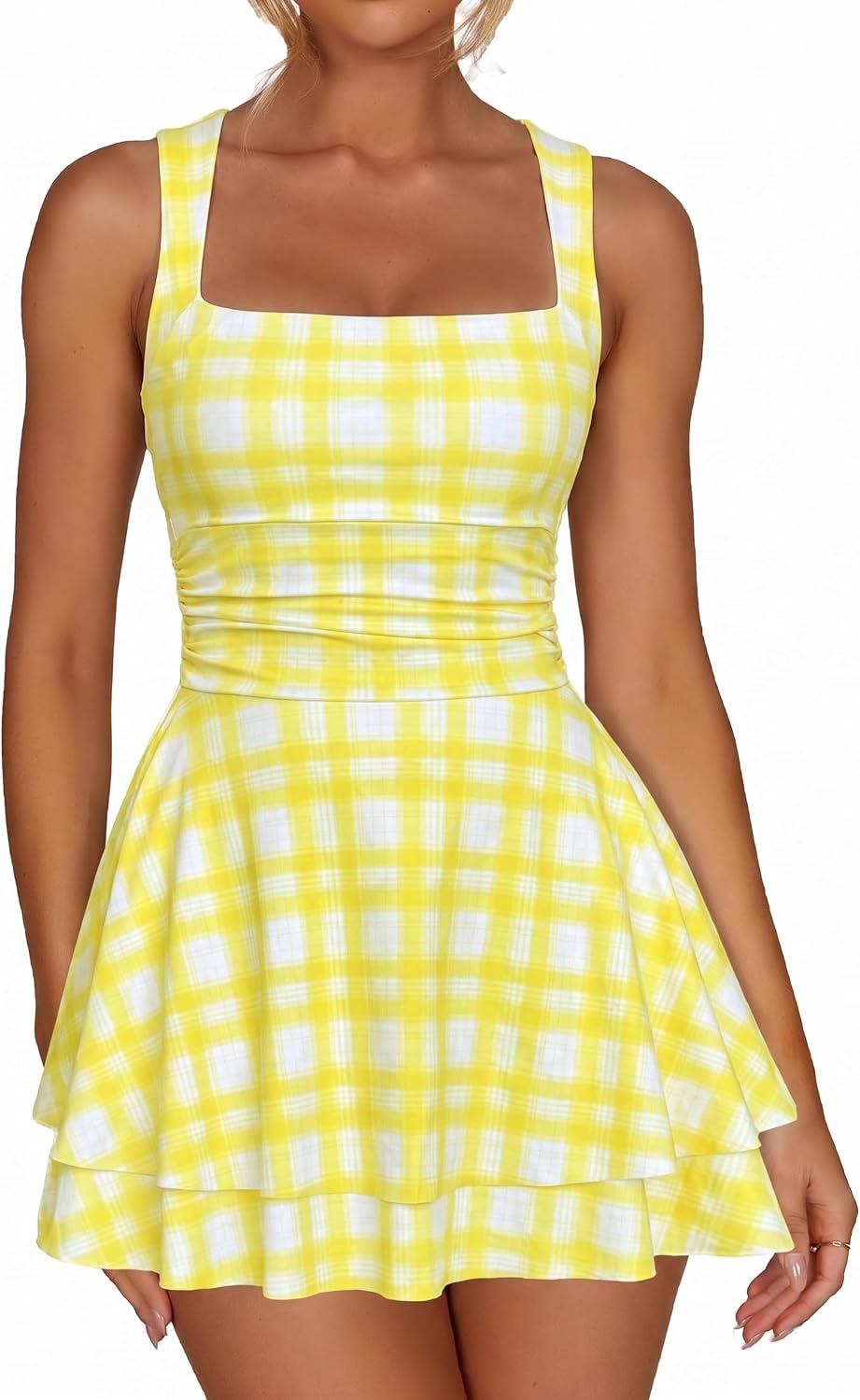 Kaximil Women's Square Neck Ruffle Hem Party Mini Dress | A Line Corset Ruched Waist Cute Birthday Homecoming Short Dresses