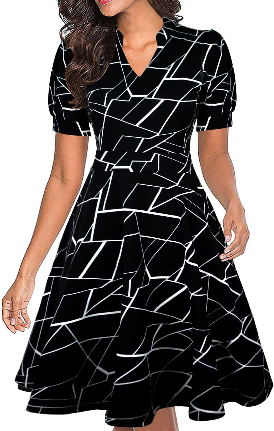 Mokayee Womens Summer Short Puff Sleeve Casual Semi-Formal Fit and Flare Church Wedding Guest Work Dresses with Pockets