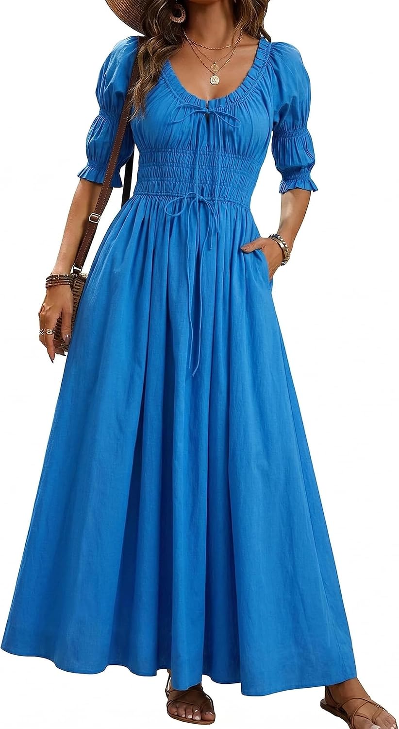 LEYRASON Women's Boho Floral Puff Sleeve Maxi Dress with Pockets | Scoop Neck Short Sleeve, A Line, Smocked Tie Long Flowy Dresses, Beach Vacation, Wedding Guest, Spring Summer Fall Outfits