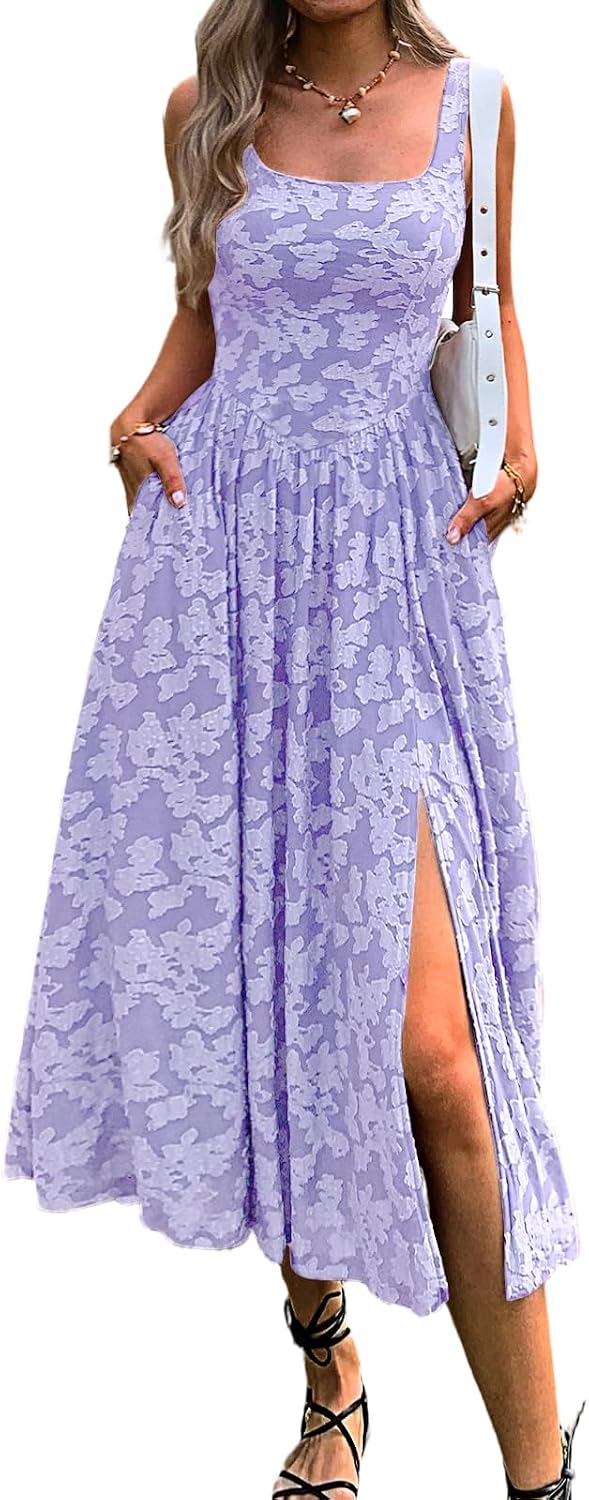 Mieazom Women's Floral Boho Flowy Slit Maxi Dress with Pockets | Square Neck,Drop Waist,Summer Beach Vacation,Cute Jacquard,Swing Long Sundress,A Line,Wedding Guest,Evening Dinner Party