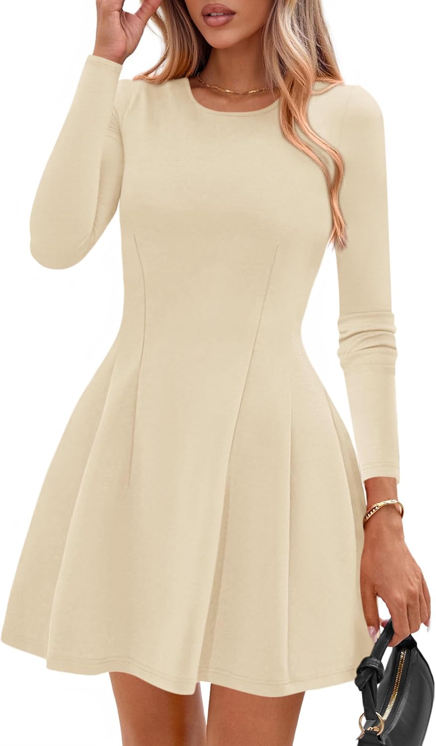 PRETTYGARDEN Womens Long Sleeve Pleated Mini Dress | Soft Knit Fabric, A Line Babydoll Fit, Crewneck Short Dresses, Casual Party Date Night Outfits, Fall Winter Trendy Clothes