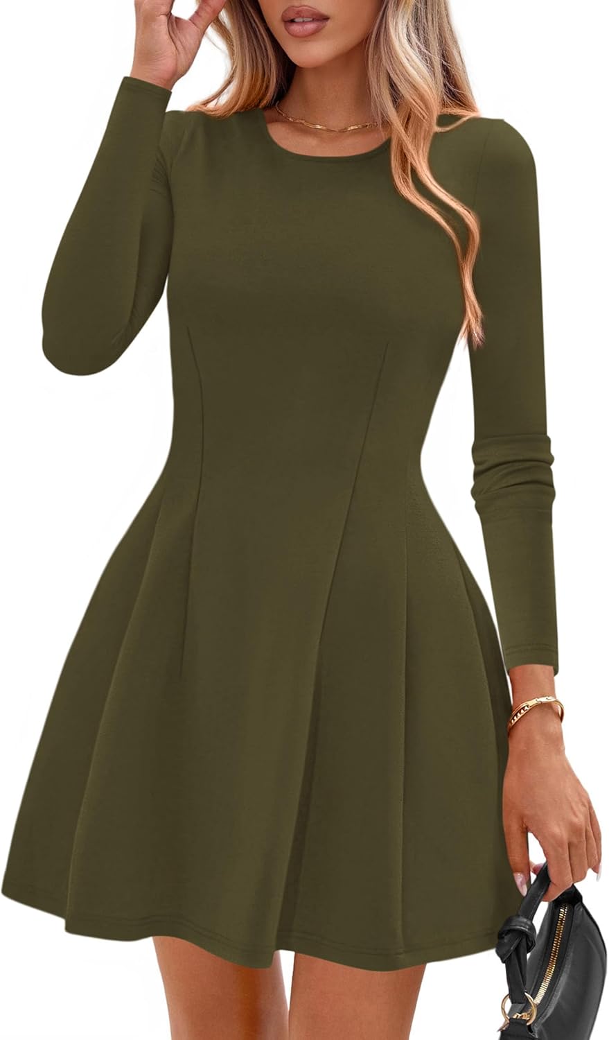 PRETTYGARDEN Womens Long Sleeve Pleated Mini Dress | Soft Knit Fabric, A Line Babydoll Fit, Crewneck Short Dresses, Casual Party Date Night Outfits, Fall Winter Trendy Clothes