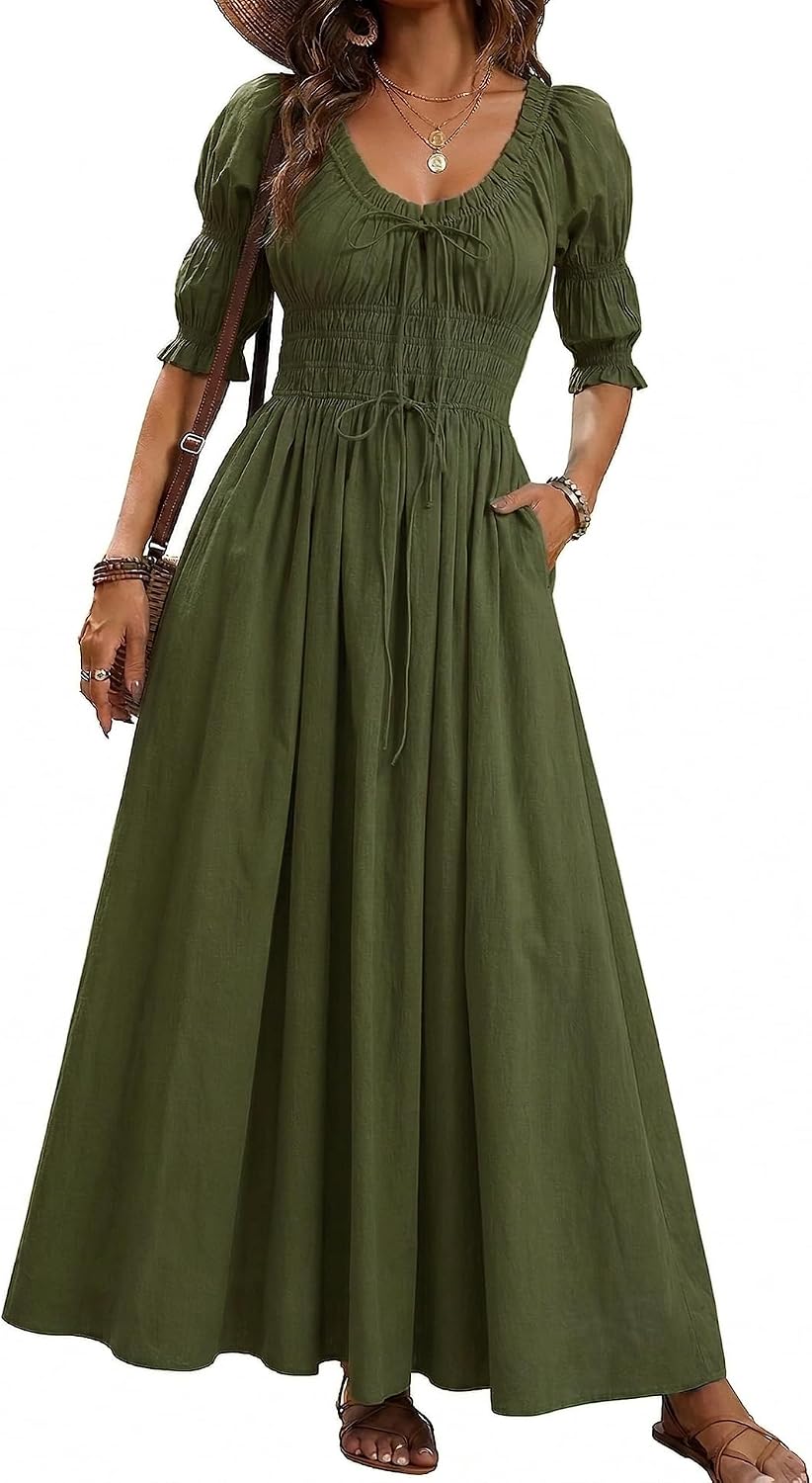LEYRASON Women's Boho Floral Puff Sleeve Maxi Dress with Pockets | Scoop Neck Short Sleeve, A Line, Smocked Tie Long Flowy Dresses, Beach Vacation, Wedding Guest, Spring Summer Fall Outfits