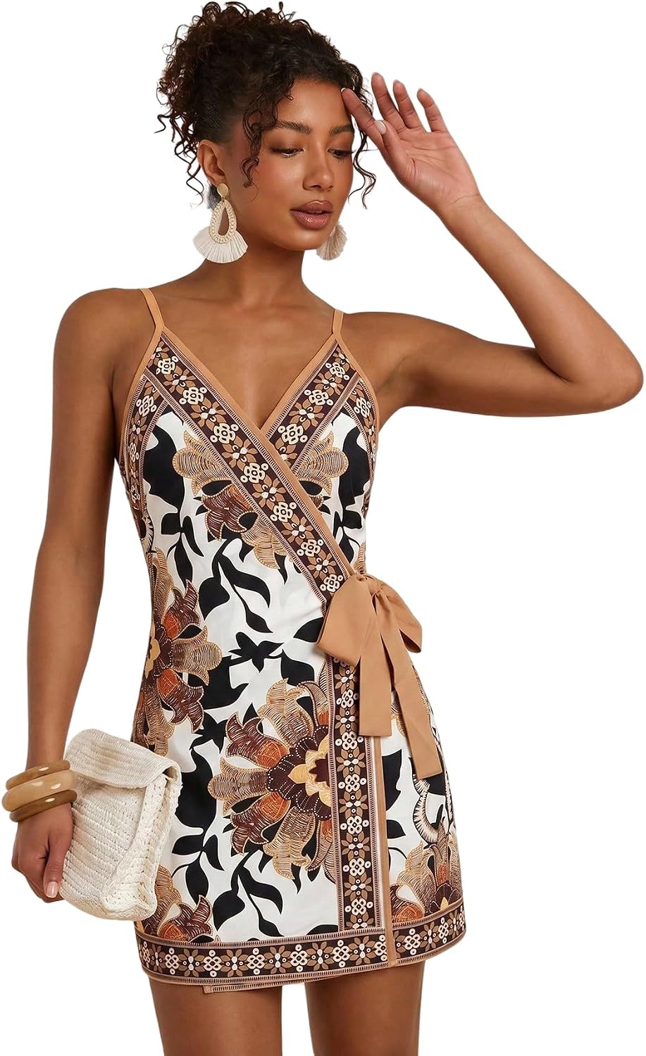 RoseSeek Women's Tropical Print Wrap Dress Sleeveless Vacation Dresses | Short Summer Dresses, Beach Vacation Outfits, Tropical Print Cami Dress, V Neck Dress