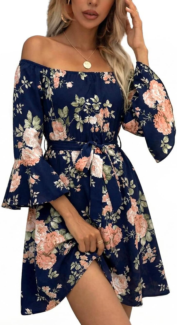 JECEIKA Fall Dress for Women, Off Shoulder Spring Dress for Wedding Guest | Ruffle Long Sleeves Fitted Bust Midi Dress,with Belt,for Mother's Day,Thanksgiving,Wedding Guest,Graduation,Valentine's Day