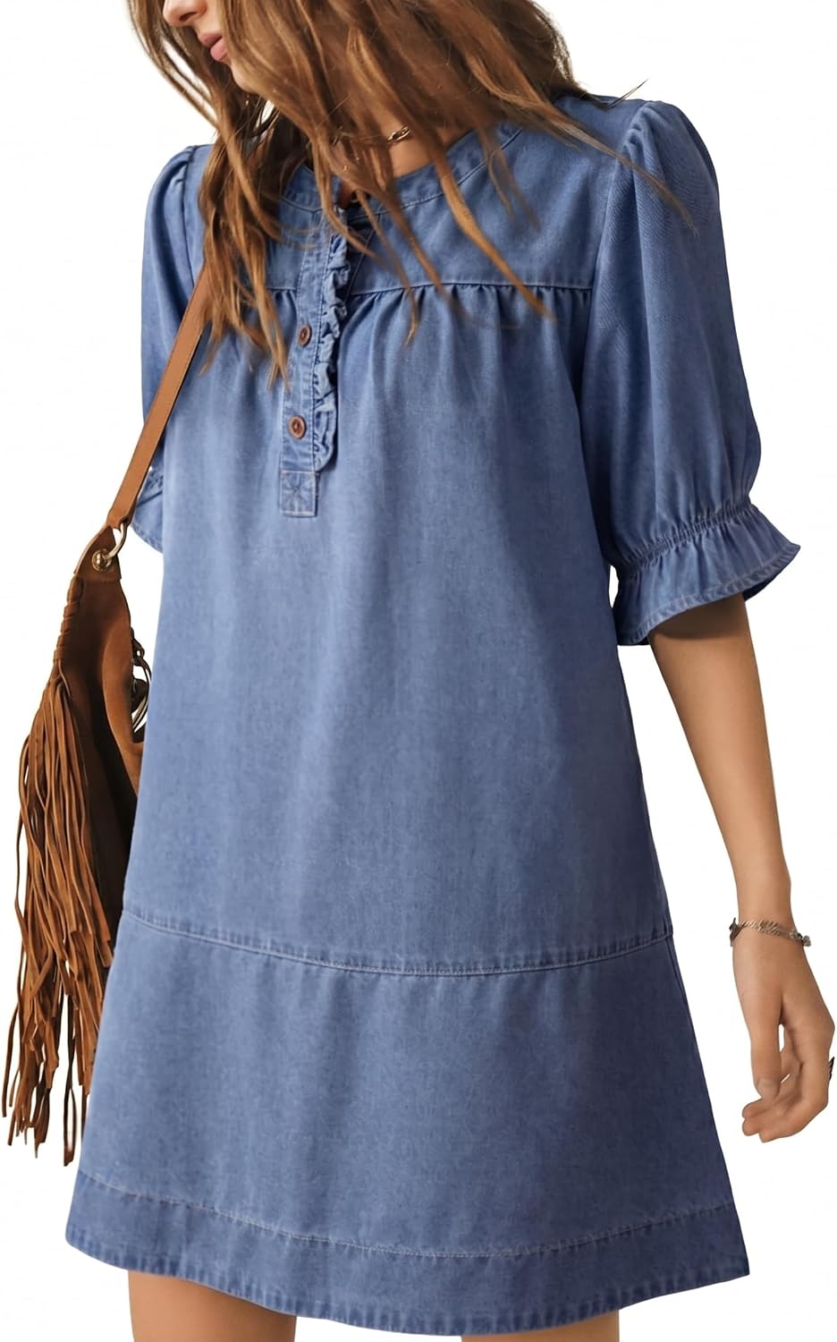 Dokotoo Women's Denim Dress Ruffle Short Sleeve Button Cowgirl Jean Dress | Crewneck,Flare Sleeve,Babydoll,Button Down,Loose Fit,A-Line,Tiered,Country Concert,Cowgirl,Western Outfit,Casual