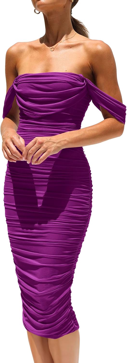 PRETTYGARDEN Women's Off Shoulder Bodycon Tube Midi Dress | Stretchy Ruched Mesh, Draped Sleeves, Elegant Dinner Party Dresses, Spring Summer Outfits for Wedding, Homecoming, Date Night