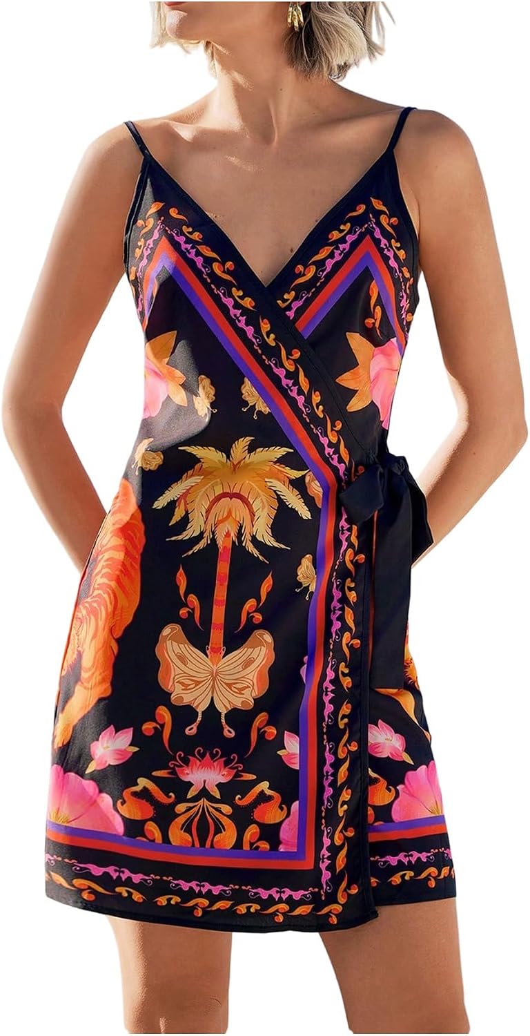 RoseSeek Women's Tropical Print Wrap Dress Sleeveless Vacation Dresses | Short Summer Dresses, Beach Vacation Outfits, Tropical Print Cami Dress, V Neck Dress