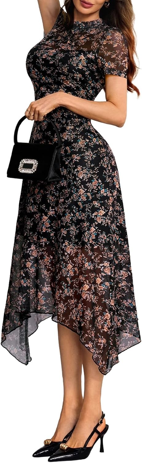 GothDark Women Summer Wedding Guest Floral Mesh Irregular Hem Midi Dress | A-Line, Short Sleeve, Sheer Mesh Overlay, Elegant Vintage Dresses For Party, Semi Formal, Vacation, Dinner, Church