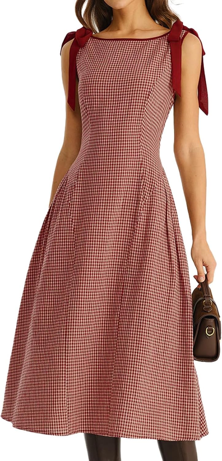 RIHOAS Women's Plaid Gingham Dress Casual Summer Midi Dresses for Women | Cute,Boat Neck,Non-adjustable Bow,A line,Vintage,Sleeveless,Spring,Winter,Casual Daily,Picnic,Travel,Vacation,Christmas