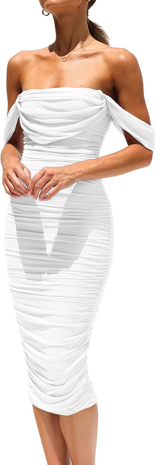 PRETTYGARDEN Women's Off Shoulder Bodycon Tube Midi Dress | Stretchy Ruched Mesh, Draped Sleeves, Elegant Dinner Party Dresses, Spring Summer Outfits for Wedding, Homecoming, Date Night