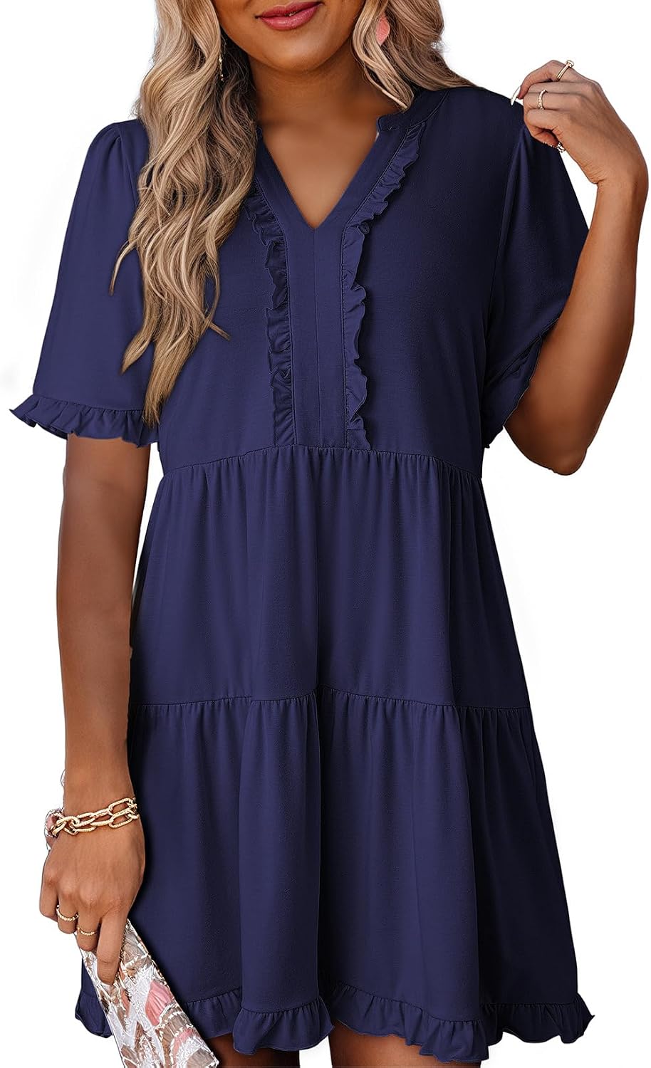 Dokotoo Womens A Line Babydoll Casual Summer Dresses with Pockets | Short Sleeve, V Neck, Hide Tummy, Cute Flowy Western Dress, Mini Short Casual Dress for Graduation Party Date Night Teacher