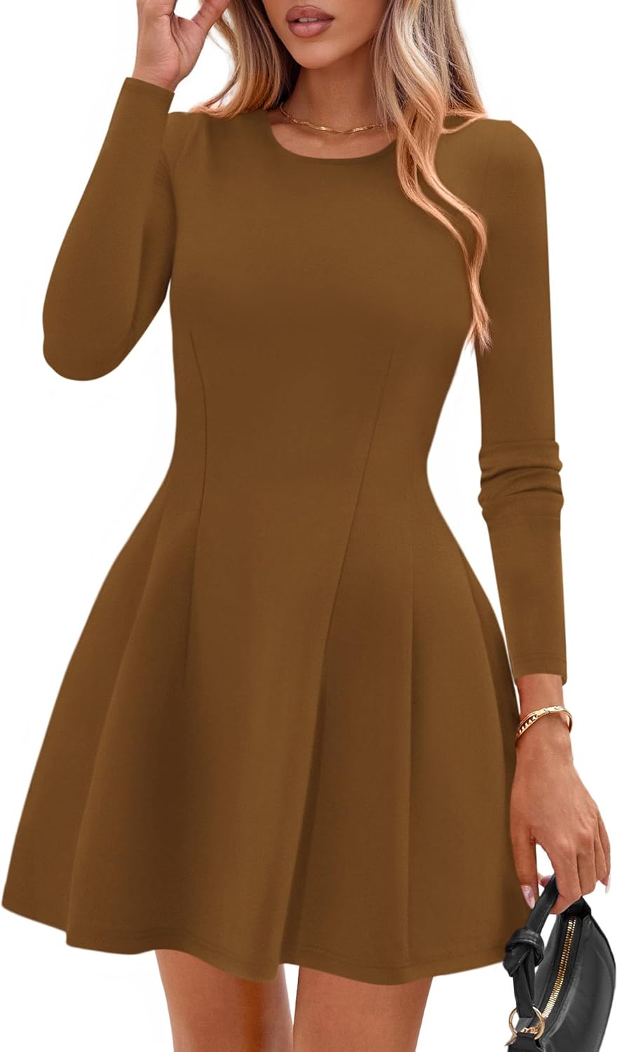 PRETTYGARDEN Womens Long Sleeve Pleated Mini Dress | Soft Knit Fabric, A Line Babydoll Fit, Crewneck Short Dresses, Casual Party Date Night Outfits, Fall Winter Trendy Clothes