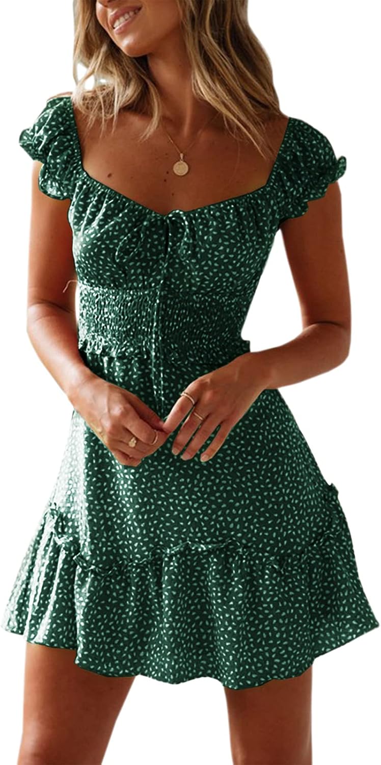 YOBECHO Women Summer Sundress Cap Sleeve Sweetheart Neck Print Mini Dress | Sundresses, Smocked Waist, Boho Floral, Flowy Ruffle Hem, Beach, Country Concert, Date Night