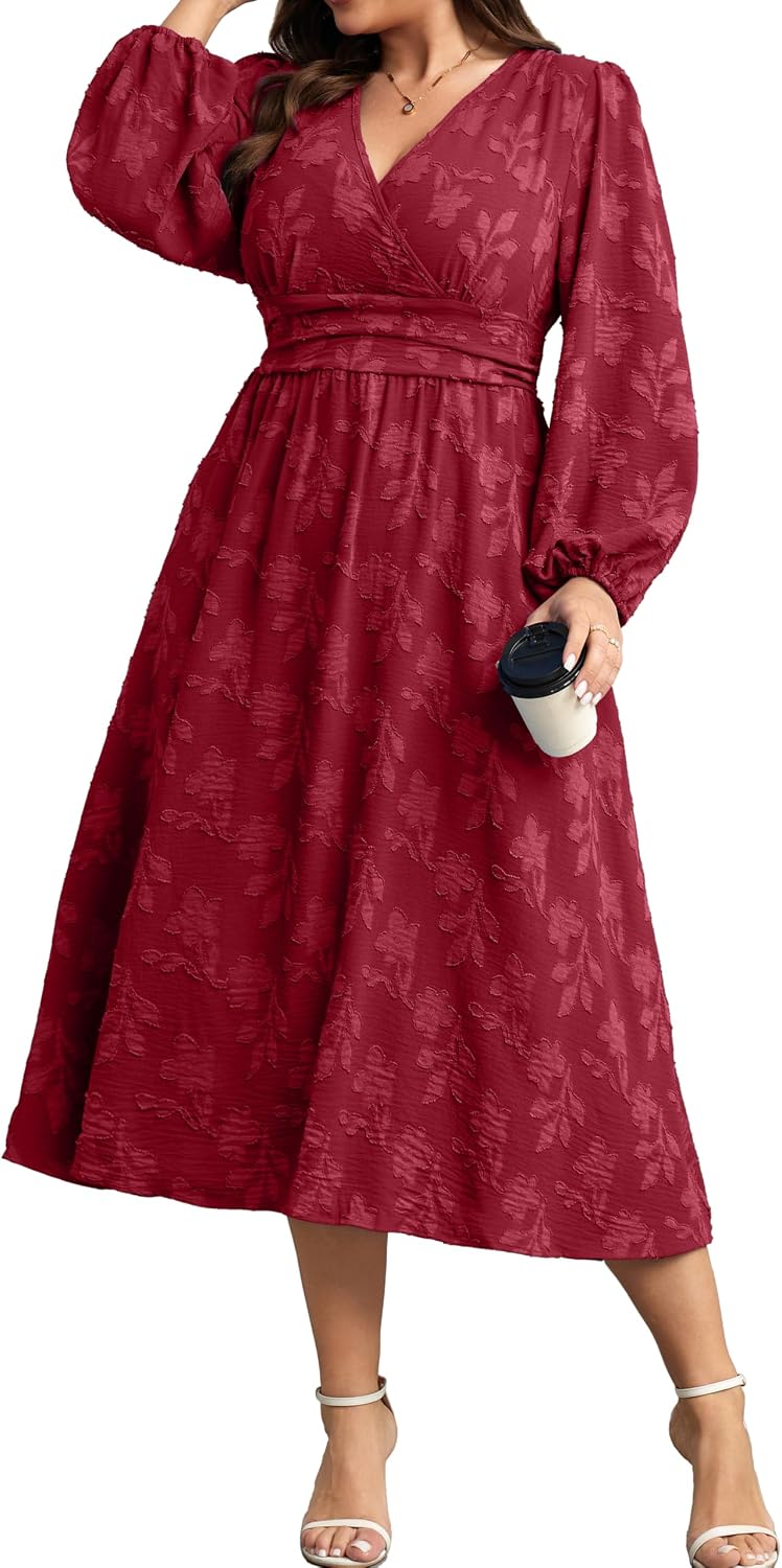 RWJ Women's Plus Size Fall Wedding Guest Dress V Neck Swiss Dot Long Sleeve | Semi Formal, Business Casual, Daily, Cocktail Party, Graduation, Homecoming, Evening, Date, Special Event, Funeral, Festive