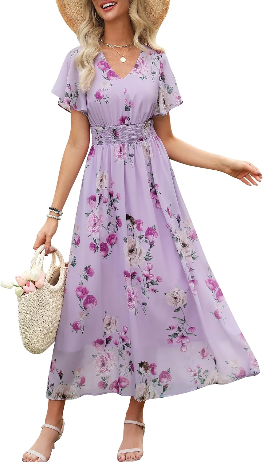 ANRABESS Womens Summer Floral Maxi Dress Casual V Neck Short Sleeve Chiffon Boho Flowy Beach 2026 Wedding Guest Long Dresses