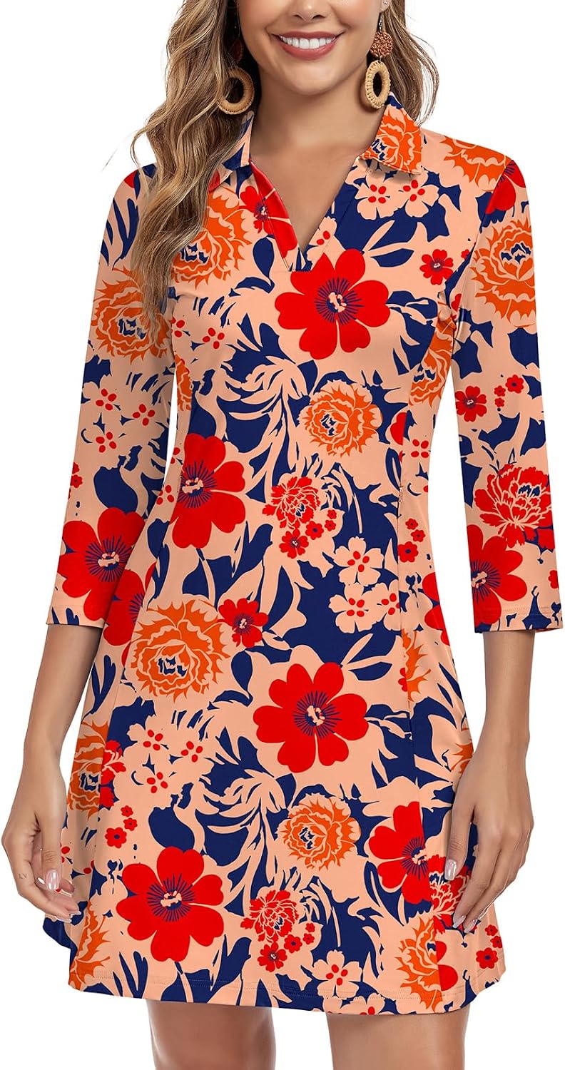 WOWENY 3\/4 Sleeve Dress for Women with Pockets V Neck UPF 50+ Casual Sun Dress Breathable Quick Dry Beach Vacation