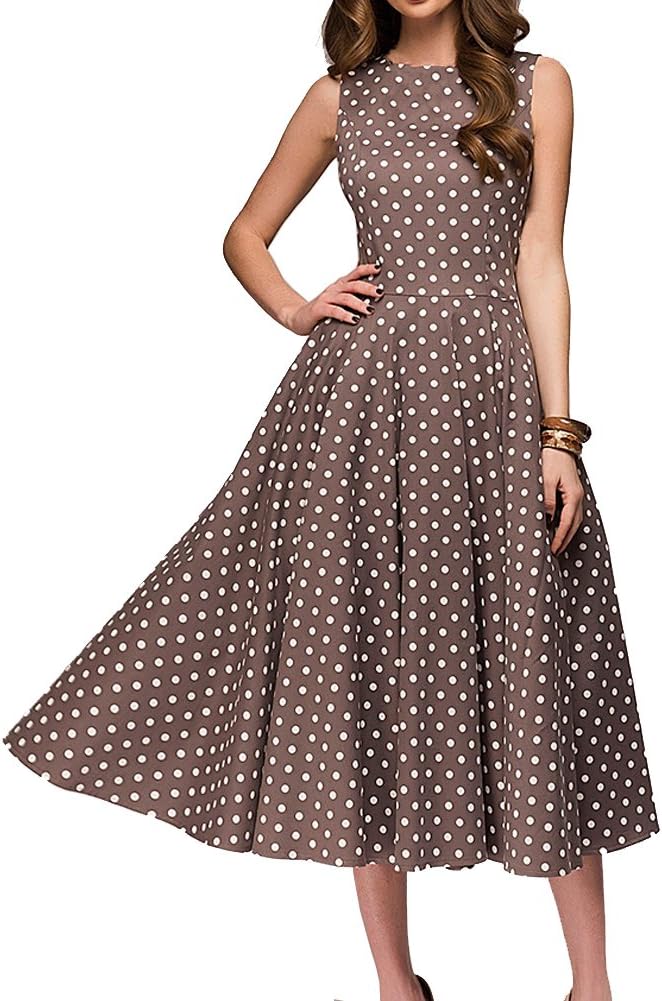 Simple Flavor Women's Vintage 1950s Cocktail Midi Dress | Sleeveless, Cotton, Boat neck, Retro tea length, Fit and flare a-line swing, Tea party derby church dress with pockets